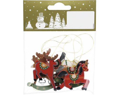 Weihnachtsbaumanhänger Schaukelpferde Holz 6 Stück Verpackung mit Holzanhängern in Form von Elchen und Schaukelpferden als Weihnachtsdekoration