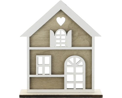 Dekorative Hausfigur aus Holz mit Fenstern und Herzdetail