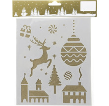 Weihnachtsschablone mit verschiedenen Motiven wie Rentier, Geschenk, Tannenbaum und Häusern