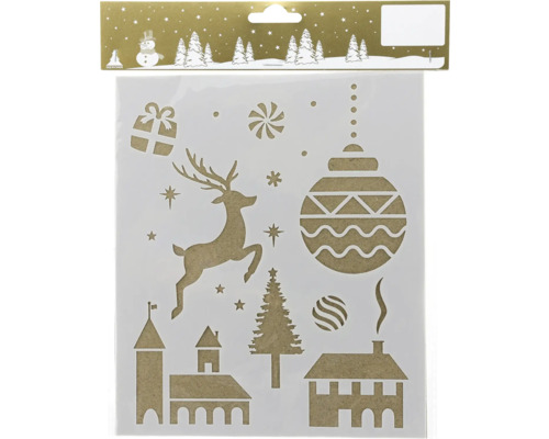 Weihnachtsschablone mit verschiedenen Motiven wie Rentier, Geschenk, Tannenbaum und Häusern
