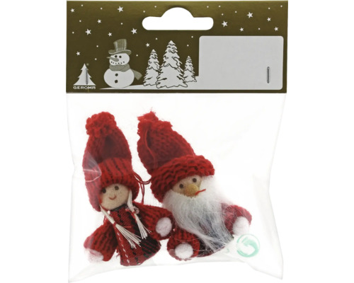 Weihnachtsbaumanhänger Figuren Stoff 6 cm rot 2 Stück Zwei dekorative Weihnachtswichtel in einer transparenten Verpackung.