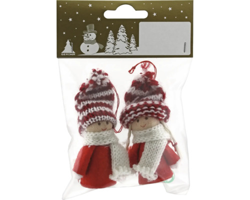 Weihnachtsbaumanhänger Figuren aus Filz/Strick rot 2 Stück Verpackung mit zwei Weihnachtsbaum-Anhängern in Form von Figuren mit Mützen und Schals