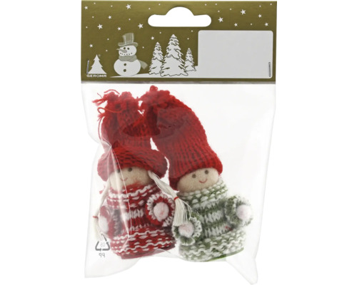 Dekoobjekt Figuren Stoff 7,5 cm rot 2 Stück Verpackung mit zwei gestrickten Zwergenfiguren mit Mützen als Weihnachtsdekoration