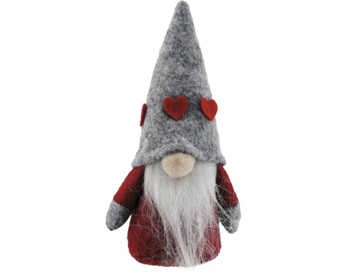 Dekorative Zwergenfigur mit langem Bart und Herzverzierungen auf dem Hut