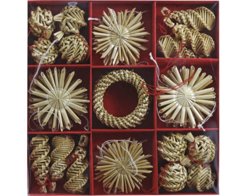Weihnachtsbaumanhänger Strohsterne Strohornamente Ø 6 cm naturbelassen 32 Stück Set mit Strohsternen und Strohschmuck in einer roten Schachtel