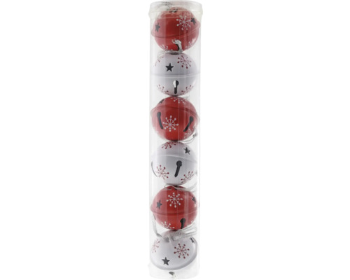 Weihnachtsbaumanhänger Metallglocken rot/weiß 6 Stück Packung mit Christbaumglocken in transparenter Verpackung