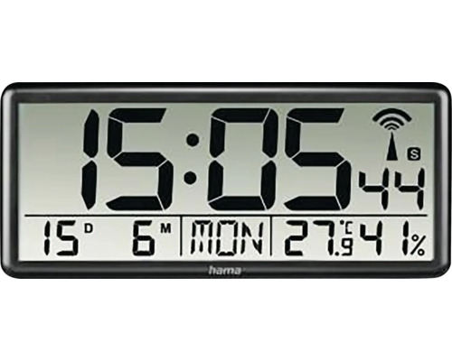 Funkwanduhr Digital Jumbo mit Thermometer und Standfuß schwarz 36x16 cm