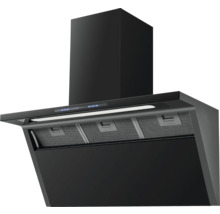 Schwarze Dunstabzugshaube mit Metallfiltern und Bedienfeld