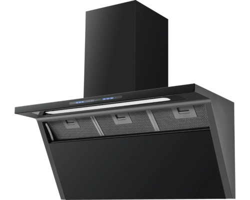 Schwarze Dunstabzugshaube mit Metallfiltern und Bedienfeld