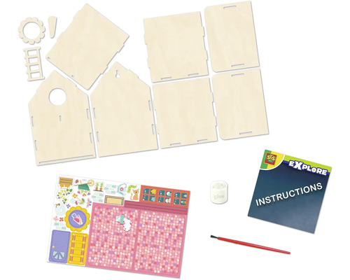 Bastelset für ein Puppenhaus mit Holzteilen, Aufklebern, Kleber, Pinsel und Anleitung