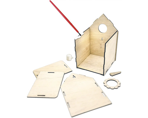 Bausatz für ein unbehandeltes Vogelhaus mit Pinsel und Holzleim