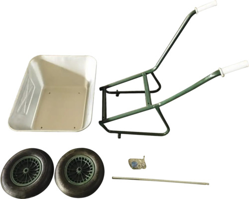 Einzelteile einer Schubkarre: Mulde, Rahmen, Räder und Befestigungsmaterial