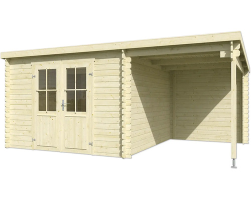 Holzgartenhaus mit Doppeltür und überdachtem Bereich