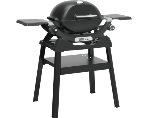 Schwarzer Gasgrill mit Thermometer, Seitentischen und Untergestell
