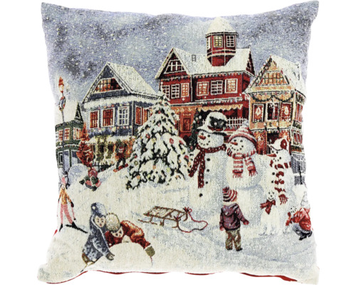 Kissen mit Winterdorfmotiv und spielenden Kindern