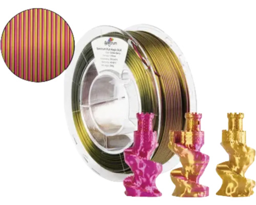 Filament PLA Premium Ø 1,75 mm rosa/gold Spule mit 3D-Druckfilament und 3D-gedruckten Modellen