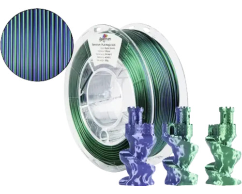 Filament PLA Premium Ø 1,75 mm blau/grün Spectrum PLA Magic Silk 3D-Druckfilamentrolle mit gedruckten Modellen