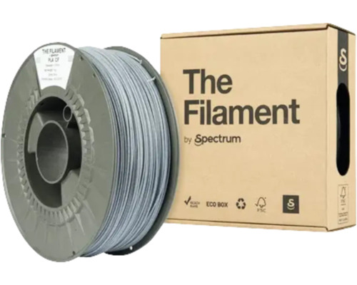 Filament PLA mit Carbonfaser Ø 1,75 mm grau Eine Spule mit 3D-Druck Filament und zugehörige Verpackung.