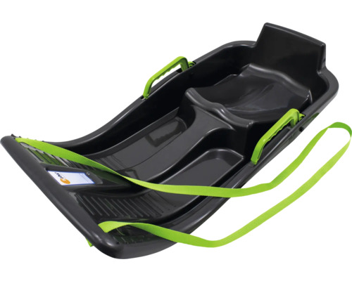 Schwarzer Schlitten mit grünen Griffen und Zugseil