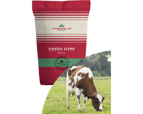 Grünlandsamen GreenHype 'Hochertrag' 25 kg / 8000 m² Saatgutpackung Grünlandmischung Green Hype von L Stroetmann Saat mit Kuh auf der Weide