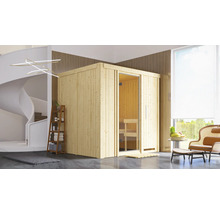Elementsauna Karibu Sodina inkl. 9 kW Ofen u.integr.Steuerung ohne Dachkranz mit Ganzglastüre aus Klarglas