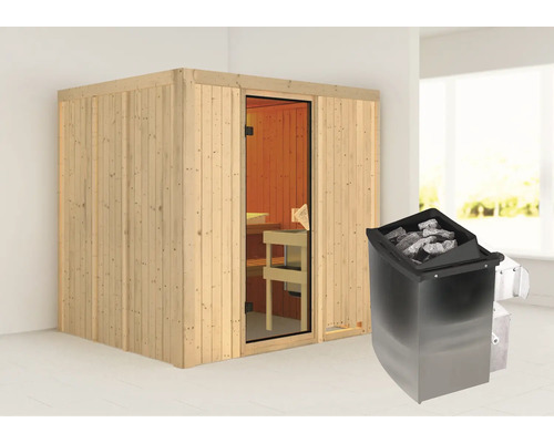 Elementsauna Karibu Sodina inkl. 9 kW Ofen u.integr.Steuerung ohne Dachkranz mit bronzierter Ganzglastüre Elementsauna Karibu Sodina inkl. 9 kW Ofen u.integr.Steuerung ohne Dachkranz mit bronzierter Ganzglastüre
