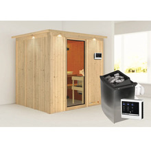 Elementsauna Karibu Sodina inkl. 9 kW Ofen u.ext.Steuerung und Dachkranz mit bronzierter Ganzglastüre