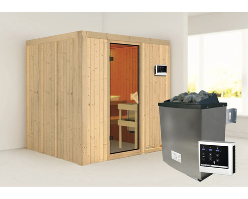 Elementsauna Karibu Sodina inkl. 9 kW Ofen u.ext.Steuerung ohne Dachkranz mit bronzierter Ganzglastüre Elementsauna Karibu Sodina inkl. 9 kW Ofen u.ext.Steuerung ohne Dachkranz mit bronzierter Ganzglastüre