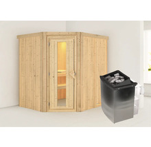 Elementsauna Karibu Siirina inkl. 9 kW Ofen u.integr.Steuerung ohne Dachkranz mit Holztüre und Isolierglas wärmegedämmt