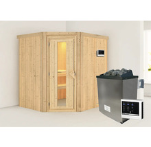 Elementsauna Karibu Siirina inkl. 9 kW Ofen u.ext.Steuerung ohne Dachkranz mit Holztüre und Isolierglas wärmegedämmt