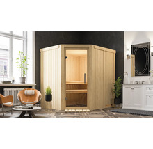 Elementsauna Karibu Petalit ohne Ofen und Dachkranz mit Ganzglastüre aus Klarglas