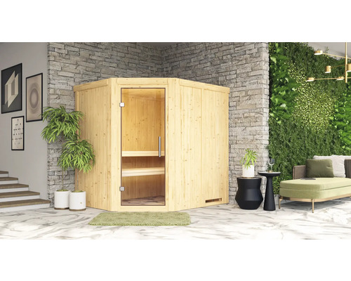 Elementsauna Karibu Petalit inkl. 9 kW Bio Ofen u.ext.Steuerung ohne Dachkranz mit Ganzglastüre aus Klarglas Elementsauna Karibu Petalit inkl. 9 kW Bio Ofen u.ext.Steuerung ohne Dachkranz mit Ganzglastüre aus Klarglas
