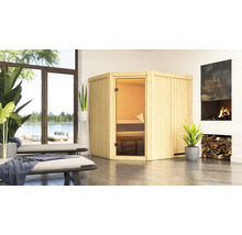 Elementsauna Karibu Siirina inkl. 9 kW Ofen u.integr.Steuerung ohne Dachkranz mit bronzierter Ganzglastüre
