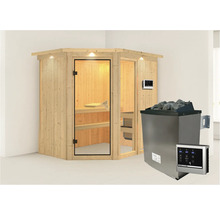 Elementsauna Karibu Siona 1 inkl. 9 kW Ofen u.ext.Steuerung mit Dachkranz und bronzierter Ganzglastüre