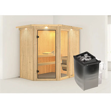 Elementsauna Karibu Siona 1 inkl. 9 kW Ofen u.integr.Steuerung mit Dachkranz und bronzierter Ganzglastüre