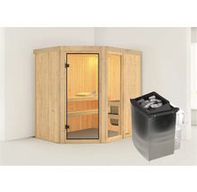 Elementsauna Karibu Siona 1 inkl. 9 kW Ofen u.integr.Steuerung ohne Dachkranz mit bronzierter Ganzglastüre
