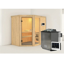 Elementsauna Karibu Siona 1 inkl. 9 kW Bio Ofen u.ext.Steuerung ohne Dachkranz mit bronzierter Ganzglastüre
