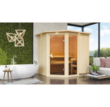 Elementsauna Karibu Siona 2 inkl. 9 kW Ofen u.integr.Steuerung mit Dachkranz und bronzierter Ganzglastüre