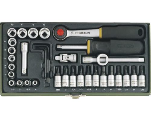 Proxxon Steckschlüsselsatz mit Ratsche, Verlängerung, Bits und Nüssen in Metallkassette