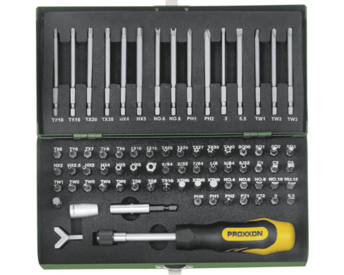 Proxxon Schraubendreher-Set mit verschiedenen Bits und Schraubendrehern in einem grünen Koffer