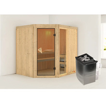 Elementsauna Karibu Siona 2 inkl. 9 kW Ofen u.integr.Steuerung ohne Dachkranz mit bronzierter Ganzglastüre