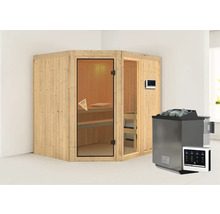 Ecksauna aus Holz mit Glastür und Saunaofen mit Steinen