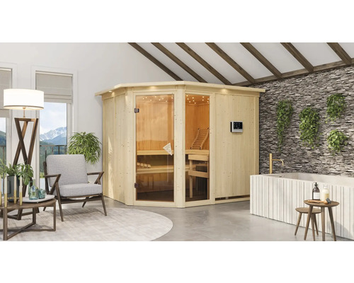 Elementsauna Karibu Siona 3 inkl. 9 kW Ofen u.ext.Steuerung mit Dachkranz und bronzierter Ganzglastüre