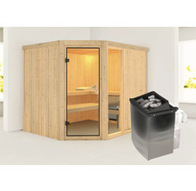 Elementsauna Karibu Siona 3 inkl. 9 kW Ofen u.integr.Steuerung ohne Dachkranz mit bronzierter Ganzglastüre