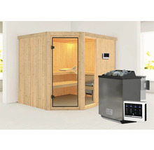 Elementsauna Karibu Siona 3 inkl. 9 kW Bio Ofen u.ext.Steuerung ohne Dachkranz mit bronzierter Ganzglastüre