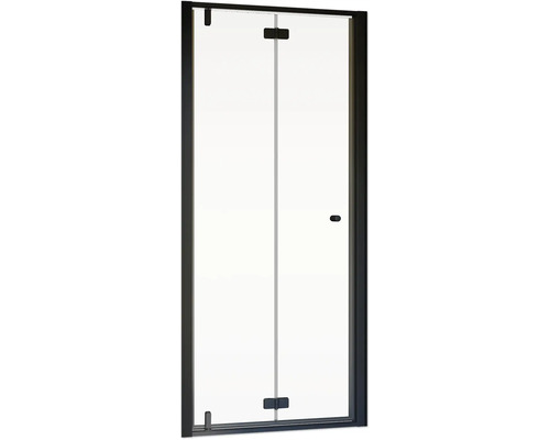 Duschkabine mit Glastür und schwarzem Rahmen