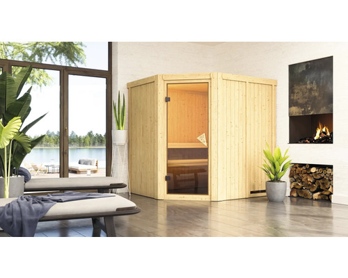 Plug & Play Sauna Karibu Silja ohne Ofen und Dachkranz mit bronzierter Ganzglastüre