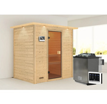 Massivholzsauna Karibu Selena inkl.9 kW Bio Ofen u.ext.Steuerung mit Dachkranz und bronzierter Ganzglastüre