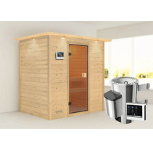 Sauna mit Holzverkleidung, Glastür und Saunaofen mit Steuerung