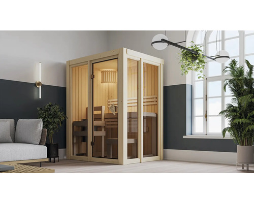 Elementsauna Karibu Iravos 1 ohne Ofen und bronzierter Ganzglastüre Innenraumansicht einer Sauna mit Holzbänken und gläserner Front
